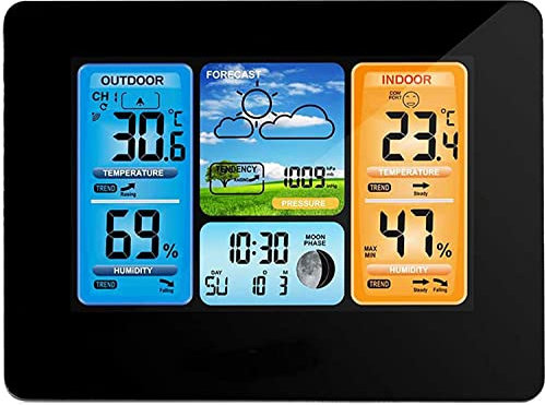 ONOTEC Estación meteorológica inalámbrica for interiores y exteriores con monitor de temperatura, indicador de humedad, termómetro e higrómetro con 1 sensor remoto, pantalla grande a color, despertado