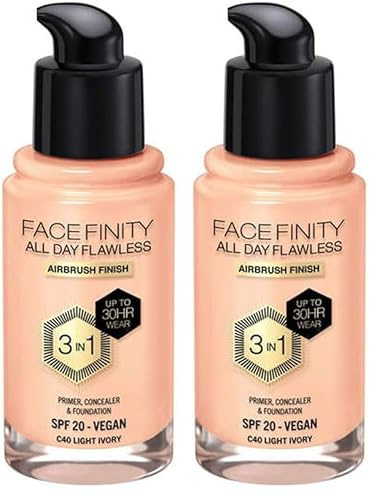 Max Factor All Day Flawless 3 in 1 Foundation in Light Ivory 40 – Primer, Concealer & Foundation in einem – Für ein perfekt mattiertes Finish – 1 x 30 ml (Packung mit 2)