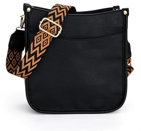 RQJZ kleine Handtasche Damen Umhängetasche Damen Mittelgroß Crossbody Bag Klein PU Leder Damen-Schultertaschen mit breitem Gurt Geschenk für Frauen Schwarz