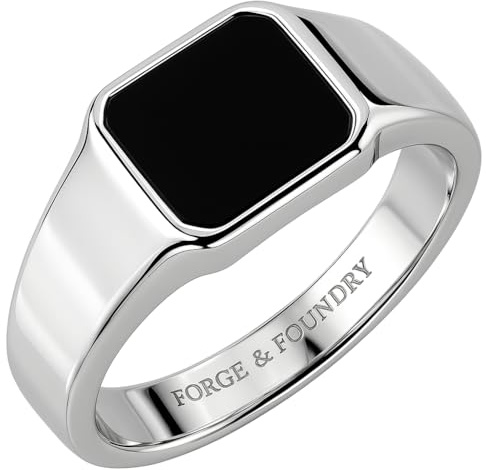 Forge & Foundry Anillo de acero inoxidable y piedra preciosa de ónix para hombre, anillo de caballero, chapado en oro de 18 quilates o acero inoxidable pulido, U, Acero inoxidable, Ónix