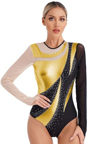Runhomal Damen Gymnastikbody Turnbody mit Strass Langarm Bodysuit Ballettbody Trikot Leotard Tanztrikot Turnanzug Ballettanzug Elegant S-XL F Gold L