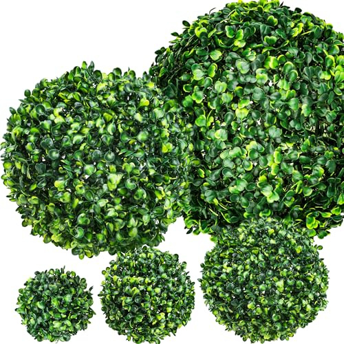 Funzhan 5 Pack Artificial Topiary Balls Fake Boxwood Greenery Spheres, 5 Sizes 4.7-14 Inches Realistic Hanging Ornament for Garden Balcony Patio
