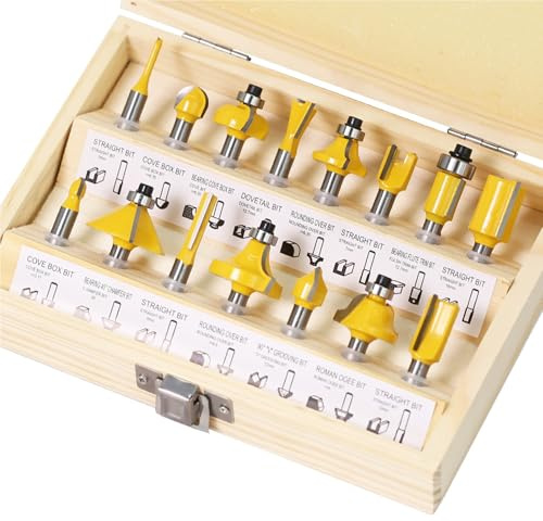 Fräsersatz HM 15tgl Schaft 6mm Nutfräser Profilfräser für Oberfräse Holzfräser Fräser Bit Set mit Schraubenschlüssel | Fräser für Kanten, Ecken und Geradschnitte, inklusive Holzbox und Schraubenschlüssel für Heimwerker und Werkstatt