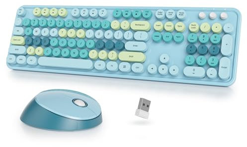 SbocKeeb Cute Teclado y Ratón Inalámbrico, Vistosa de Máquina de Escribir Teclado Retro con Teclas Redondas,2.4GHz Fullsize,Americano QWERTY