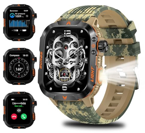 QTLLBT Military Outdoor Watch Altimeter Barometer Compass Tactical Smart Fitness Watch Heart Rate Sleep Monitor 100+ Sport Modes Fitness Available for Android and iOS (Camouflage Yellow)