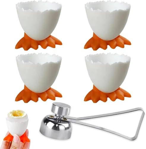 Egg Cup Set of 4 - Ceramic Egg Holders | 4 PC Egg Cup Holder Boiled Egg Holder, Eggcups with Stainless Steel Eggshell Cutter, Topper Egg Cracker Opener Remover Kitchen Tool