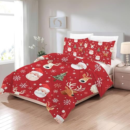Bettdecke 200x220 Ohne Bezug Nutzbar, Schneeflocke Bettdecken Waschbar Ganzjahresdecke Weihnachtsmann 4 Jahreszeiten Steppdecke, Bettzeug Microfaser mit 2 Kissenbezug für Sommer Winter Doppelbett