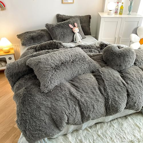 RCLONGEU Housse de Couette en Peluche 2 Taie d'oreiller Parure de Lit Polaire Flanelle Chaud Hiver - Linge de lit 2 Personnes Duveteux avec Fermeture Éclair (Gris,220X240 cm-2.0m lit)