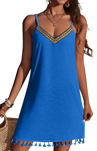 AI'MAGE Robe D'été Cache-Maillot De Bain pour Femme Tunique De Plage à Pompons Bretelles Daman Robe De Plage Bohème à Col en V Bleu S