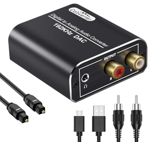 JNJOOD Digital-Analog-Audiokonverter, 192 kHz, Digital, Koaxial und Optisch, mit Optischem Kabel für HDTV-Heimkinosysteme