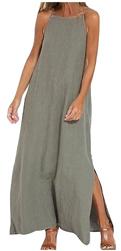 OVARA Vestido de verano sin mangas para mujer, con tirantes espagueti, algodón y lino, vestidos maxi de ajuste clásico, elegante, casual, liso, vestido de sol con abertura lateral