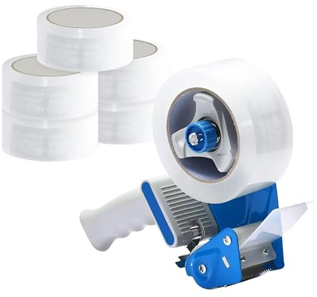AIBULO Tape Gun Dispenser with 6 Rolls of Clear Packing Tape (48mm x 66m) – Heavy-Duty Packaging Tape for Packing Boxes – Strong Box Tape with Dispenser for Moving, Shipping & Office Supplies
