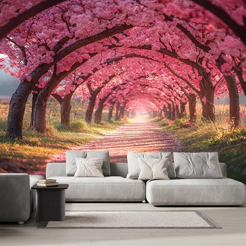 Générique Photo Murale Fleurs De Cerisier Arbres 3D Papier Peint Panoramique Rue Paysage Tapisserie Intissé Salon Poster Décoration Murale pour Chambre Bureau Adulte Enfant 122x91 cm