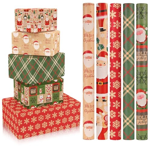 CHEPULA Geschenkpapier Weihnachten 5 Rollen, 43cm x 300cm Weihnachtspapier Recycelbares, Nature Kraftpapier Weihnachtsgeschenkpapier, Weihnachts Geschenk Papier Kinder Geschenkverpackung für Xmas