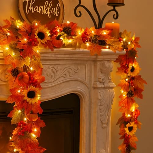 Herbstdeko Ahornblatt Girlande mit 3m 30 LED-Licht, Herbst Deko Innen Outdoor, Herbstgirlande Herbstblätter Lichterkette Herbst Girlande Fensterdeko Hängend, Hängepflanze Erntedankfest Fall Decor (A)