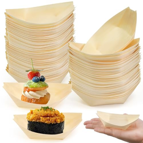 Huucozn 100 PCS Cuencos Aperitivos Desechables, Platos para Aperitivos Desechables 110 x 70 mm, Cuencos de Madera para Aperitivo Ensaladas Chips, Cuenco Aperitivo Catering para Freír, Picnic