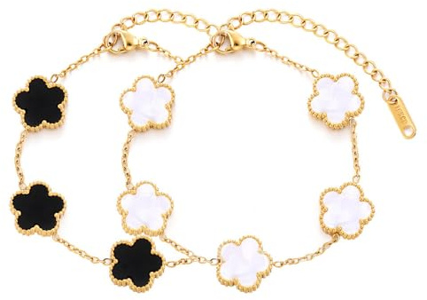 XFSRG 2 Pezzi Bracciale Donna 18K Quadrifoglio Portafortuna Eleganti Regolabile Gioielli Regali per Ragazze Amicizia Compleanno(Oro)