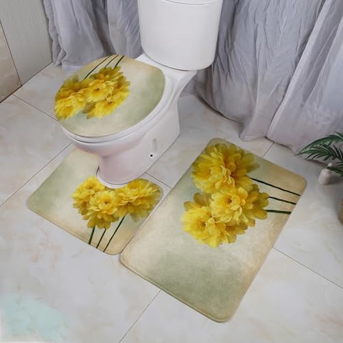 Badezimmerteppich Set 3 Teilig Beige Blume Gelb WC Teppich Schnell Trocknend Badvorleger rutschfest Badgarnitur 3 Teilig Stand WC Waschbar Bad Teppiche Set Dekoration 50x80 cm