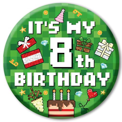 SAVITA Distintivo Compleanno Pixel, 5,8cm Spilla Compleanno a Tema Videogioco con Diamante Torta di Celebrazione Scatola Regalo Palloncino Motivi per Decorazioni Feste a Tema Pixel(Numero 8)