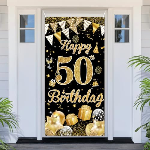 PartyYaa 50. Geburtstagsbanner, 50. Geburtstag Tür Banner Deko, Schwarz Gold Happy Birthday Banner Türabdeckung Fotoautomaten Schild Poster Party Dekoration für Drinnen und Draußen