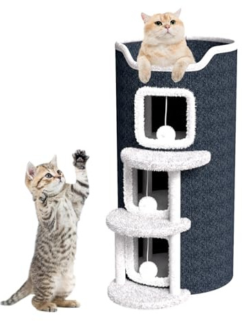 Kratztonne für Katzen, 4-stöckig, Katzenhöhle, Kratztonne mit Plüschbällen und Klettergerüst, Plüschrand, stabil und ideal für Mehrkatzenhaushalte, Maße 85 x 40 x 40 cm, dunkelgrau