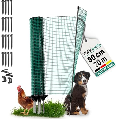 VOSS.farming Begrenzungszaun Classic ohne Strom, 20m, 90cm, 12 Pfähle, 1 Spitze, grün, Kleintiernetz, mobiler Zaun, Gartenzaun, für Garten, Haus, Hof