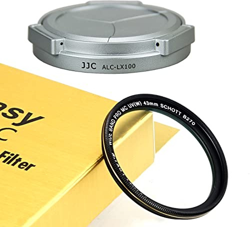 JJC Silver LX100 Auto SELF-RETAINING Protective Lens Cap, Compatible with Panasonic Lumix LX100 LX100 II Leica D-LUX Typ 109 D-LUX 7, LX100II Mark II M2, D LUX 7 Lense Cap, 43mm MRC Nano MC UV Filter