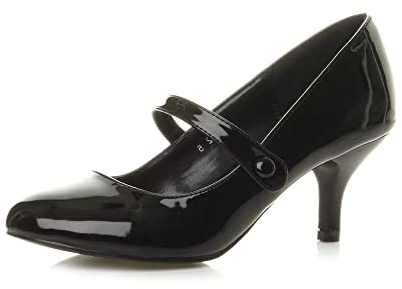 Ajvani Womens Ladies Low mid Heel Mary Jane Strap Work Party Court Shoes, 7 UK, Black Patent