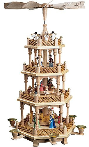 Glässer Pyramide de Noël crèche à 3 étages, Bois Naturel, Fonctionne avec 6 Bougies, Hauteur : 54 cm (Art. 16723)