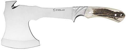 iFIELD Hacha Deportiva Camper EL29003, Hoja de 17 cms de Acero INOX, tamaño Total de 29,5 cm, con Funda de Piel, Mango Asta de Ciervo, Herramienta de Camping para Pesca, Caza, Actividad Deportiva