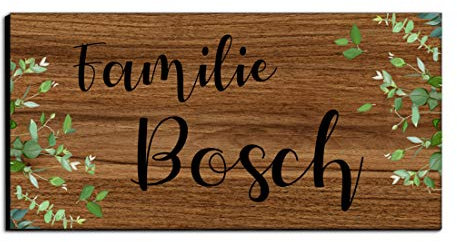 Holz Türschild mit Namen für die Haustür | Namensschild Briefkasten-Schild selbstklebend oder mit Bohrlöcher Klingelschild mit kratzfestem UV Druck | Größe 10x5 cm bunte Türschilder
