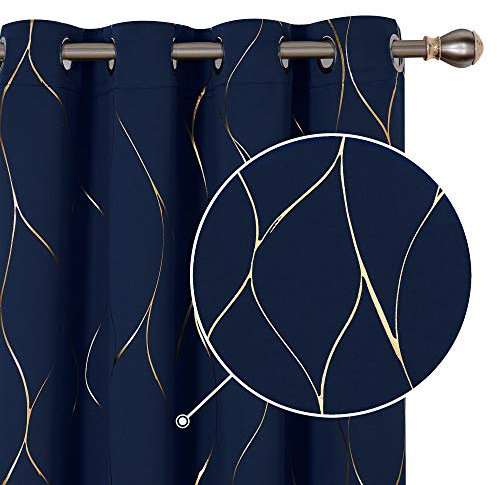 Deconovo Eyelet Curtains, Blackout Home Decoration Thermal Insulated Gold Wave Foil Printed Material Curtains for Boys Bedroom, 46 x 54 Inch (Width x Length), Navy Blue, One Pair