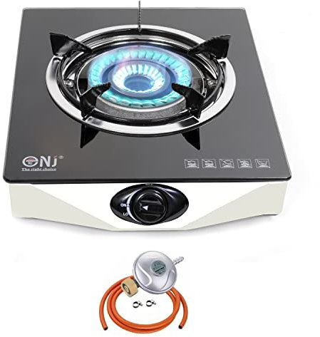 NJ NGB-S1 Gas Stove 1 Burner Cooker Tempered Glass with Safety Device LPG + Gas Regulator Set (Butane 29mbar Screw-on)