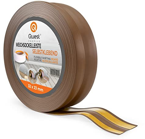 Quest Battiscopa Morbido Adesivo - 32 mm x 23 mm - Listello in PVC, Finitura Flessibile, Profilo Angolare per Cucina, Bagno, Parete, Pavimento - Decorativo (Marrone scuro, 5m)