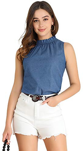 Allegra K Women's Denim Sleeveless Top Frill Mock Neck Ruffle Chambray Blouse X-Large Blue