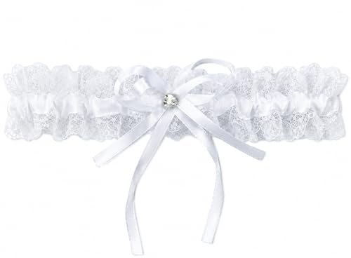 Liga blanca de encaje moderna Pet-Jos, liga blanca arco blanco y diamantes de imitación, liga de encaje liga novia, liga de boda