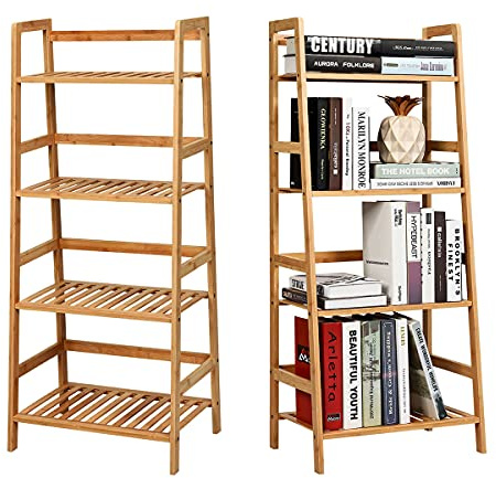 RELAX4LIFE Standregal Bambus, Bücherregal 4 Ablagen, Multifunktionales Regal, Leiterregal freistehend, Baderegal Blumenregal Aufbewahrungsregal, für Küche Balkon Wohnzimmer Büro, 48x32x115 cm (Natur)