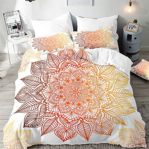 Hiseng Set di Biancheria da Letto de 3 Pezzi - 3D Mandala Stampa Set Copripiumino per Letto Matrimoniale Singolo King in Microfibra Federa e Copripiumini (Mandala Arancione,220x260cm)