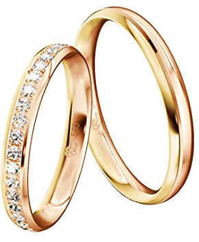 JC Trauringe Gold 585 Bicolor Paarpreis Poliert I Partnerringe Gelb- und Rotgold mit Gravur in edler Schatulle I 2 Hochzeitsringe Herrenring ohne & Damenring mit Zirkoniasteinen I ICT30