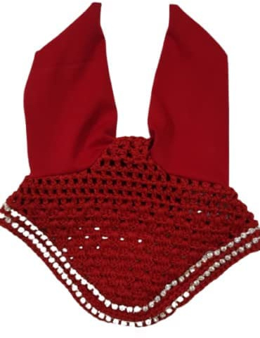 Saddles World Handcrafted Crochet Fly Veil with Ears Horse Bonnet (Red, Pony)