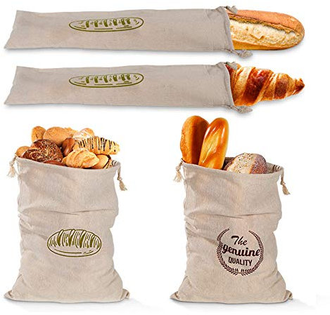 RTWAY 4 Stück Leinen Brotbeutel Kordelzug Brot Aufbewahrungstasche Wiederverwendbare hausgemachte Brot Aufbewahrungsbeutel und Baguette Brotbeutel Bio Leinen Brotbeutel