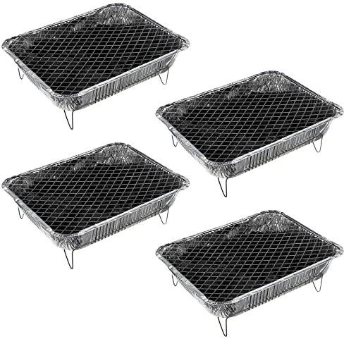4x Aluminium Komplett Einweggrill mit Grillkohle und Anzünder Alu Picknick BBQ Camping Einweg Grill Einmalgrill Picknickgrill