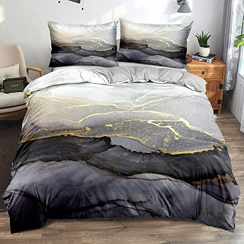 Luofanfei Housse de Couette 200x200 Gris Doré Marbre Motif Adulte 2 Personnes Marbre Parure de lit 3 Pieces Microfibre Ensemble Literie Modern Géométrique Linge de Lit et 2X 65x65cm Taies d'oreiller