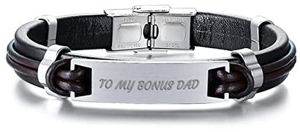 Bishilin Lederarmband Herren mit Gravur, Armbänder Edelstahl Schild to My Bonus DAD Partnerarmband Leder Armband 21.5CM Silber Charms