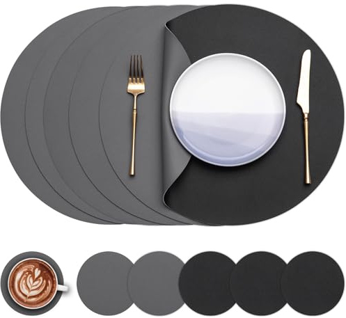 Myir JUN Tischsets abwaschbar und Untersetzer Tischsets Rund Ø 38cm | 6er Set Rund Platzsets wasserdichte Platzdeckchen abwaschbar doppelseitige rutschfeste Kunstleder Tischsets in Lederoptik