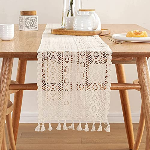 Onlyesh Chemin de Table en Macramé Beige, 24 x 300 cm Chemin de Table en Dentelle Vintage avec Glands, pour Mariage Bohème, Décoration de Table à Manger à la Maison