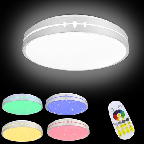 XMTECH Deckenlampe LED Deckenleuchte Flach 60W, 2800K-6500K, IP44 Wasserfest Rund Farbwechsel RGB Lampe Dimmbar mit Fernbedienung für Wohnzimmer Schlafzimmer Kinderzimmer (Mit Sternenhimmel-Effekt)