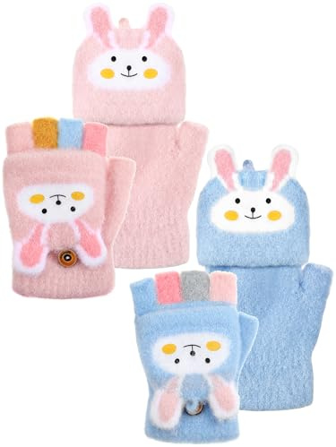 SATINIOR 2 Pairs Winter Fingerless Gloves for Kids Toddler Finger Mittens Knit Convertible Half Finger Mitten Flap Aged 3-8(Cute Style,Blue, Light Pink)