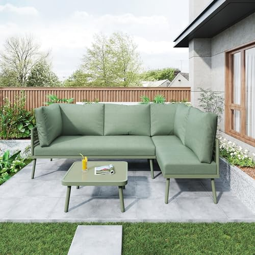 Moimhear Garten-Lounge-Set aus Eisen, Gartenmöbel-Set aus Seil, L-förmiges Gartenmöbel-Set, Lounge-Set aus Seil mit Sitzkissen, verstellbaren Füßen (grün)