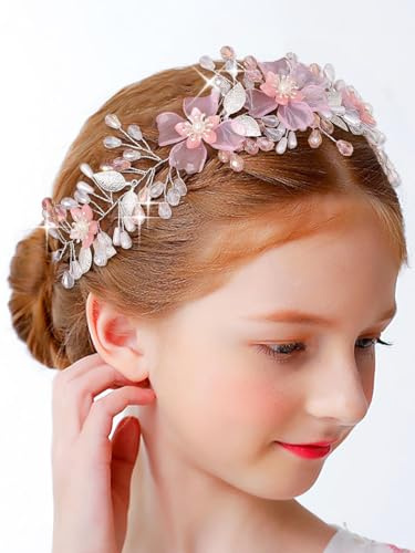 IYOU Erstkommunion Haarschmuck für Mädchen Stirnband Silber Blumen Communion Kopfschmuck Perle Blätter Haar Reben Braut Hochzeit Haarband für Blumenmädchen